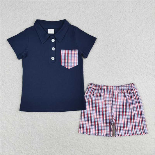 RTS NO MOQ Baby Boys kids Summer Sets BSSO0628 Red and blue plaid pocket navy blue short-sleeved shorts suit
