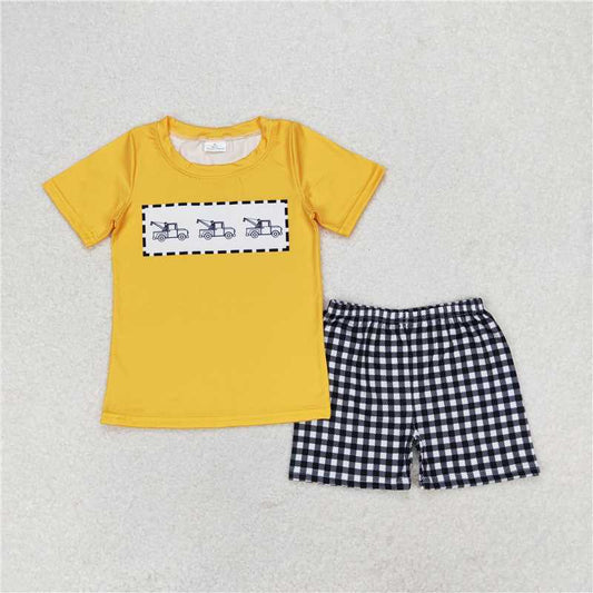 RTS NO MOQ Baby Boys kids Summer Sets BSSO0820 Truck Orange Short Sleeve Black and White Plaid Shorts Set