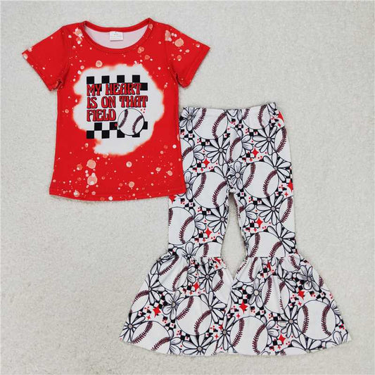 RTS NO MOQ Baby Girls Summer Kids Sets GSPO1236 Baseball Red Top Flowers Bell Pants Clothes Sets