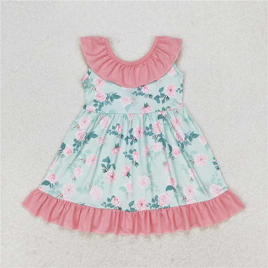 7.30 RTS NO MOQ Summer Baby Girls Dresses GSD0722 Green Flowers Bow Back Knee Length Dresses