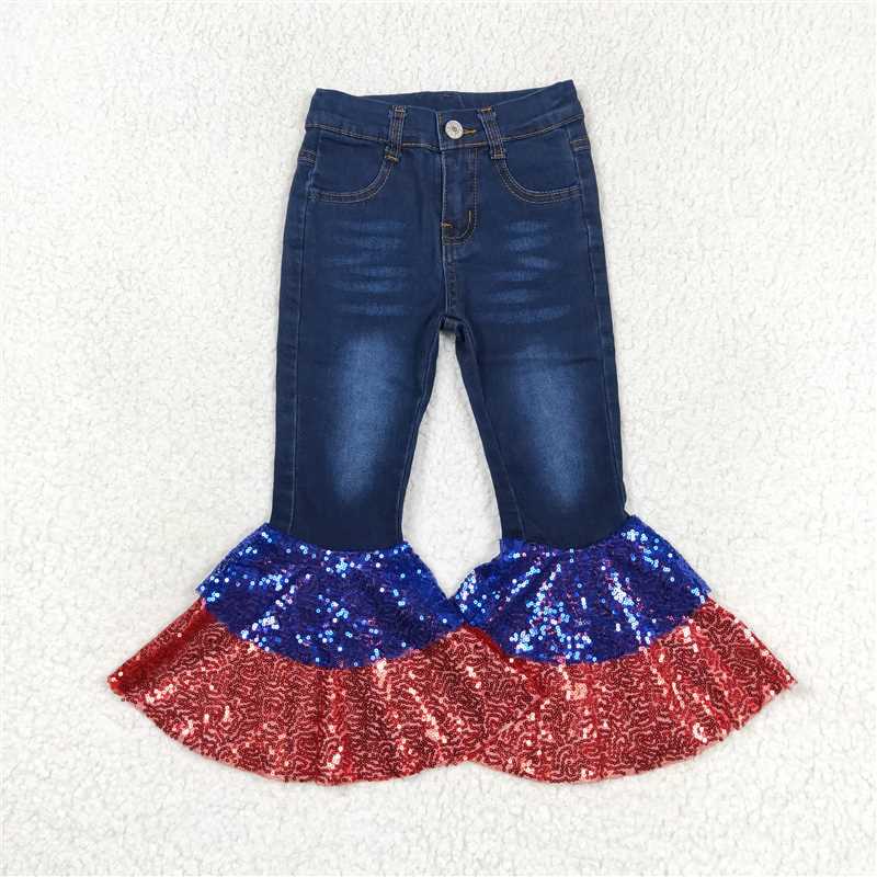 RTS NO MOQ Baby Girls Pants P0430 4th Of July Blue Red Denim Sequin Bell Bottom Jeans
