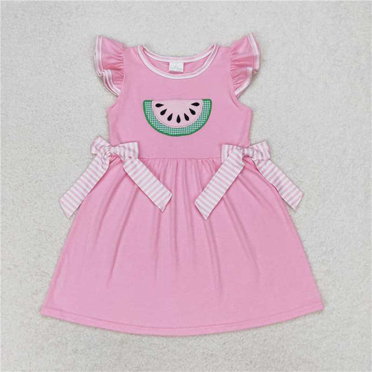 7.30 RTS NO MOQ Summer Baby Girls Dresses GSD1104 Watermelon Pink Bows Flutter Sleeve Knee Length Dresses