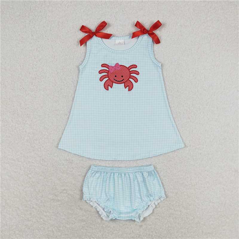 RTS NO MOQ Baby Girls Summer Outifts GBO0267 Crab Blue Tunic Top Bummies Clothes Sets