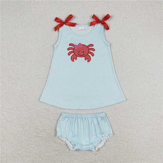 RTS NO MOQ Baby Girls Summer Outifts GBO0267 Crab Blue Tunic Top Bummies Clothes Sets