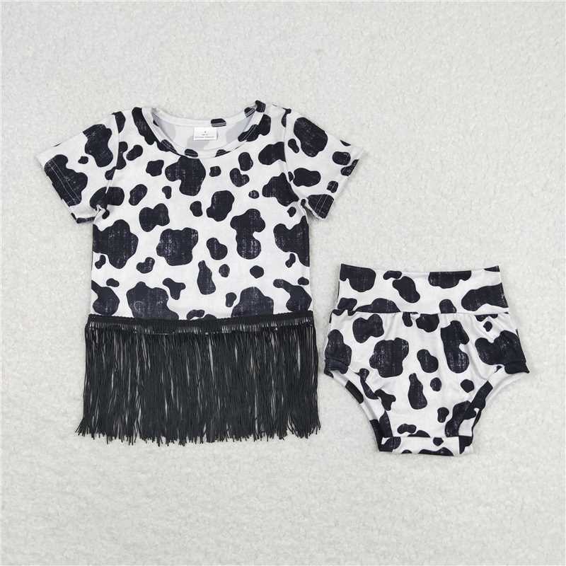 RTS NO MOQ Baby Girls Summer Outifts GBO0273 Cow Black White Shirt Top Bummies Clothes Sets