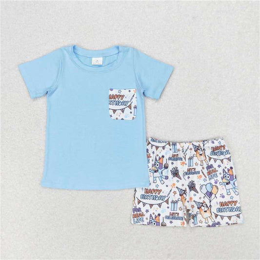 RTS NO MOQ Baby Boys kids Summer Sets BSSO0907 Balloon Pocket Blue Short Sleeve Shorts Set