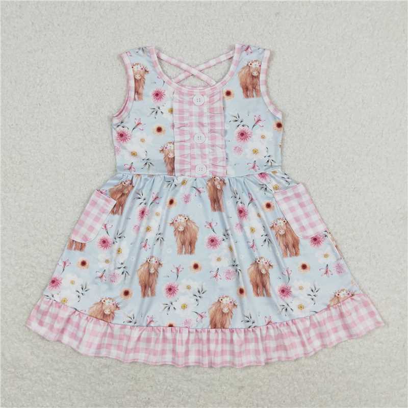 7.30 RTS NO MOQ Summer Baby Girls Dresses GSD1173 Highland Cows Pockets Sleeveless Dresses