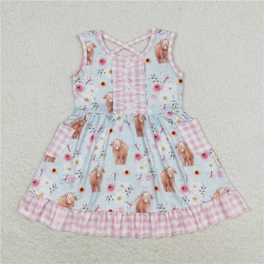 7.30 RTS NO MOQ Summer Baby Girls Dresses GSD1173 Highland Cows Pockets Sleeveless Dresses
