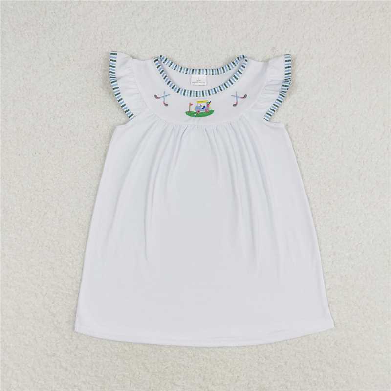 7.30 RTS NO MOQ Summer Baby Girls Dresses GSD0842 Flutter Sleeve Golf Embroidery Knee Length Dresses