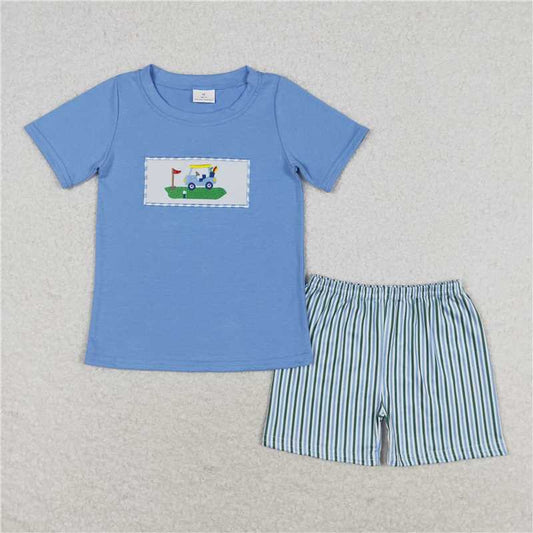 RTS NO MOQ Baby Boys kids Summer Sets BSSO0616 Blue Golf Shirt Stripes Shorts Clothes Sets
