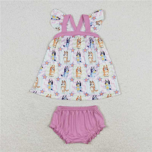 RTS NO MOQ Baby Girls Summer Outifts GBO0333 Dogs Colorful Tunic Top Bummies Clothes Sets