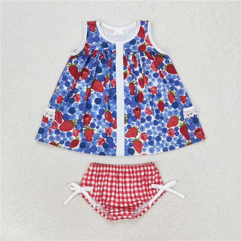 RTS NO MOQ Baby Girls Summer Outifts GBO0268 Blueberry Pockets Tunic Top Bummies Clothes Sets