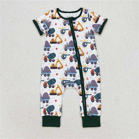 6.27 RTS NO MOQ Baby Boys Summer Bodysuit SR0850 Construiction Short Sleeve Zip Rompers