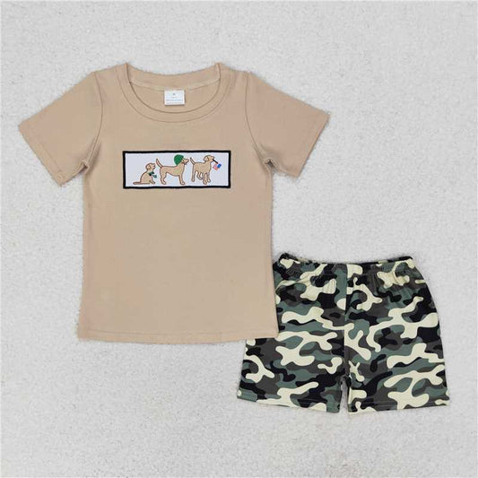 RTS NO MOQ Baby Boys kids Summer Sets BSSO0720 Puppy Flag Short Sleeve Camouflage Shorts Set
