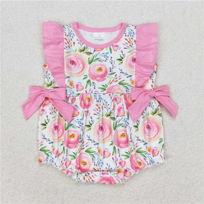 SR1420 Baby Infant Girls Pink Rose Flowers Ruffle Bows Rompers