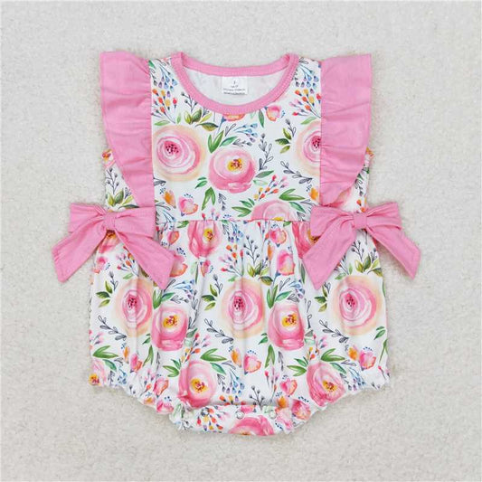 SR1420 Baby Infant Girls Pink Rose Flowers Ruffle Bows Rompers