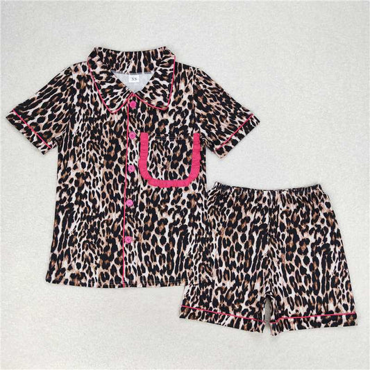 7.4 RTS NO MOQ Adult Women Summer Sets GSSO1122 Leopard Buttons Shirt Shorts Pajamas Clothes Sets