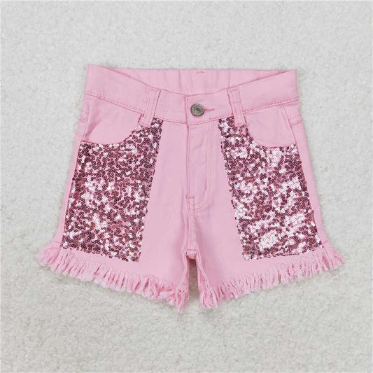 SS0166 Baby Girls Pink Sequin Summer Denim Shorts