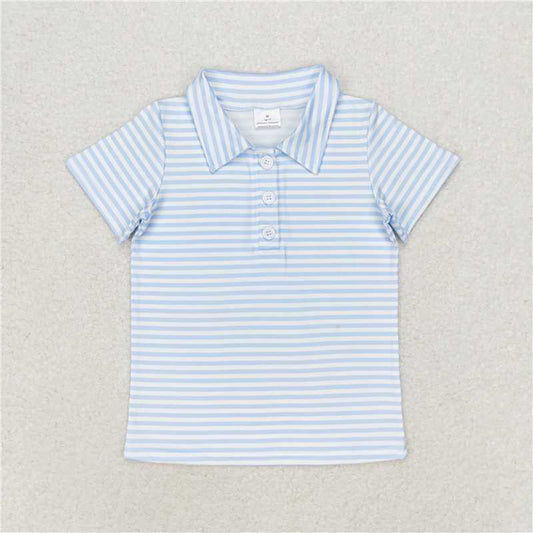 RTS NO MOQ Summer Baby Boys Shirt BT0653 Blue Stripes Short Sleeve Buttons Tee Shirts Tops