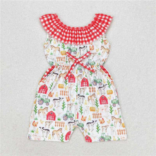 RTS NO MOQ Summer Baby Girls Bodysuit SR1301 Red Farm Checkered Pockets Shorts