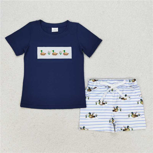 RTS NO MOQ Baby Boys kids Summer Sets BSSO0884 Three Ducks Navy Blue Short Sleeve Striped Shorts Set