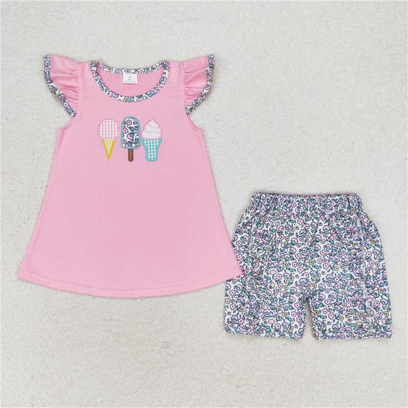 GSSO1193 Baby Girls Summer Embroidery Popsicle Shorts Outfit