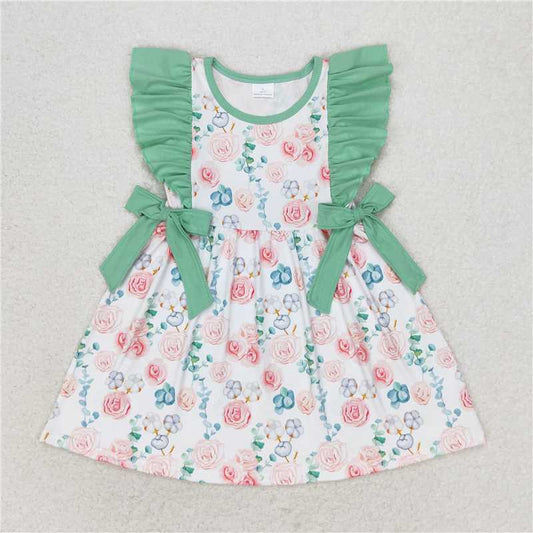 7.22 RTS NO MOQ Summer Baby Girls Dresses GSD1071 Pink Flowers Ruffle Bows Knee Length Dresses