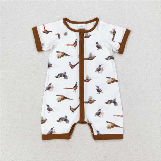 6.27 RTS NO MOQ Baby Boys Summer Bodysuit SR1657 White Wild Chicken Short Sleeve Zip Rompers