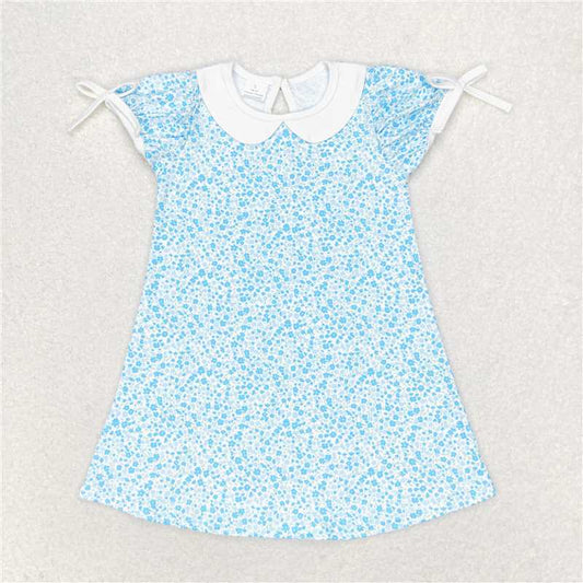 7.22 RTS NO MOQ Summer Baby Girls Dresses GSD1132 Blue Small Flowers Knee Length Dresses