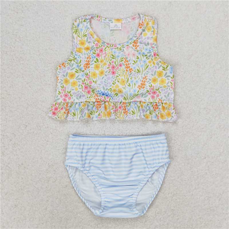 S0414 Baby Girls Small Flowers Ruffle Top Bummie Two Pieces Swimsuits