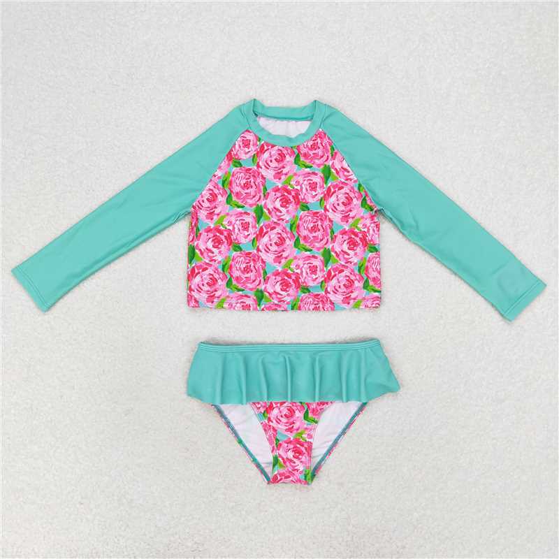 S0260 Baby Girls Rose Flowers Top Bummie Two Pieces Swimsuits