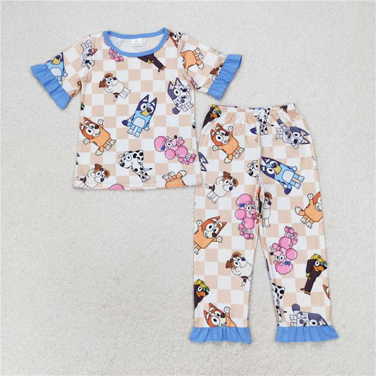 GSPO1581 Baby Girls Dog Checkered Ruffle Tops Pants Pajamas Clothes Sets