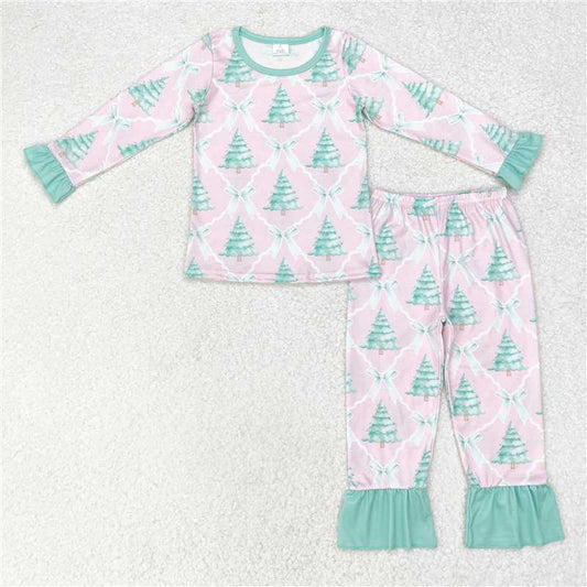 GLP1242 Baby Girls Christmas Pink Bows Trees Tops Pants Bamboo Pajamas Clothes Sets