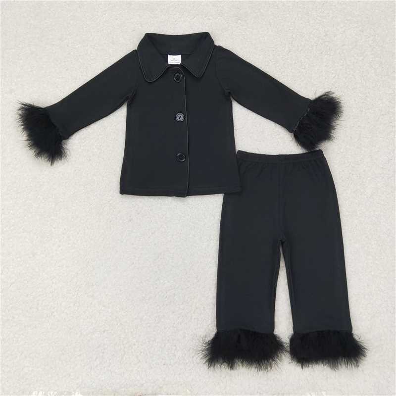 GLP1260 Baby Girls Black Cotton Buttons Top Pants Fur Pajamas Clothes Sets