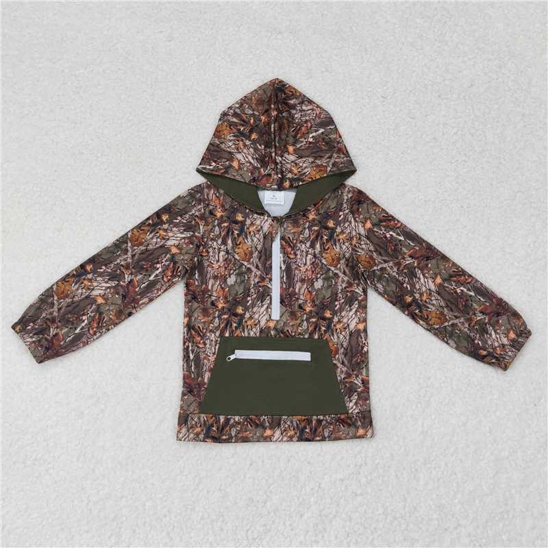 BT0756 Baby Boys Green Camo Hooded Zip Fall Pullovers Tops