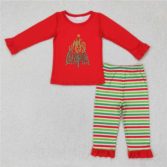 GLP1282 Baby Girls Christmas Ruffle Shirts Stripes Pants Pajamas Clothes Sets