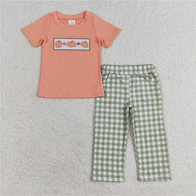 RTS NO MOQ Baby Boys Summer Sets BSPO0451 Orange Pumpkins Top Pants Outfits Clothes Sets
