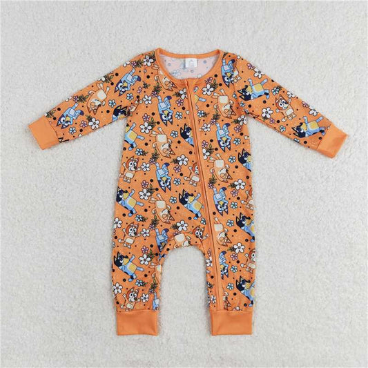 7.7 RTS NO MOQ Baby Boys Bodysuit LR0982 Long Sleeve Flowers Dogs Bamboo Zip Rompers