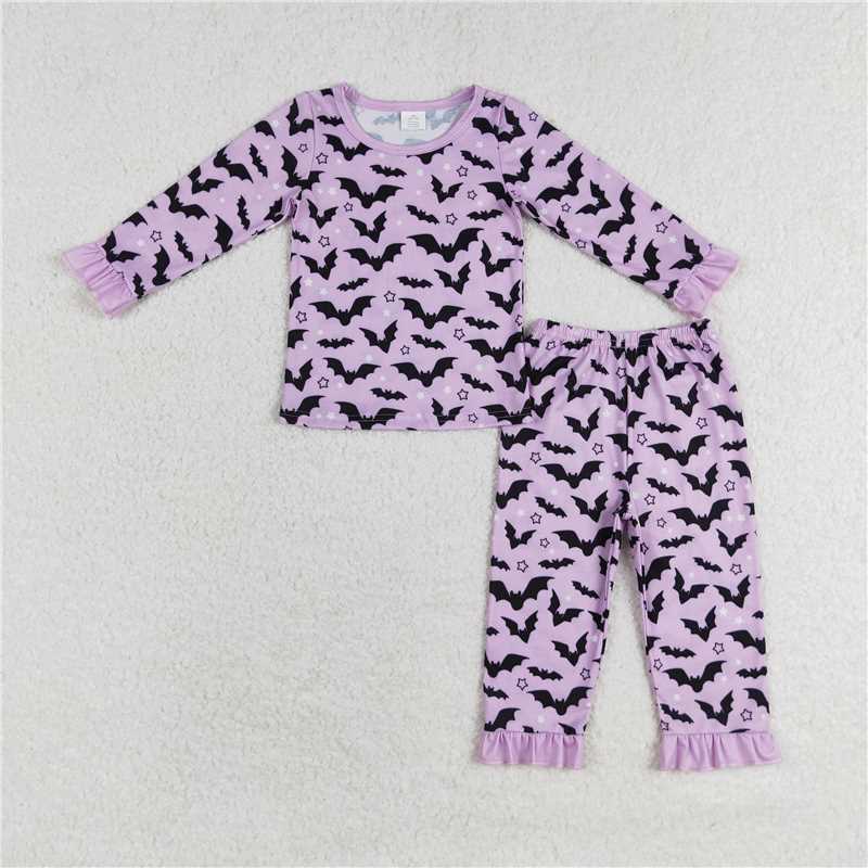 GLP1268 Baby Girls Halloween Lavender Bats Top Pants Bamboo Pajamas Clothes Sets