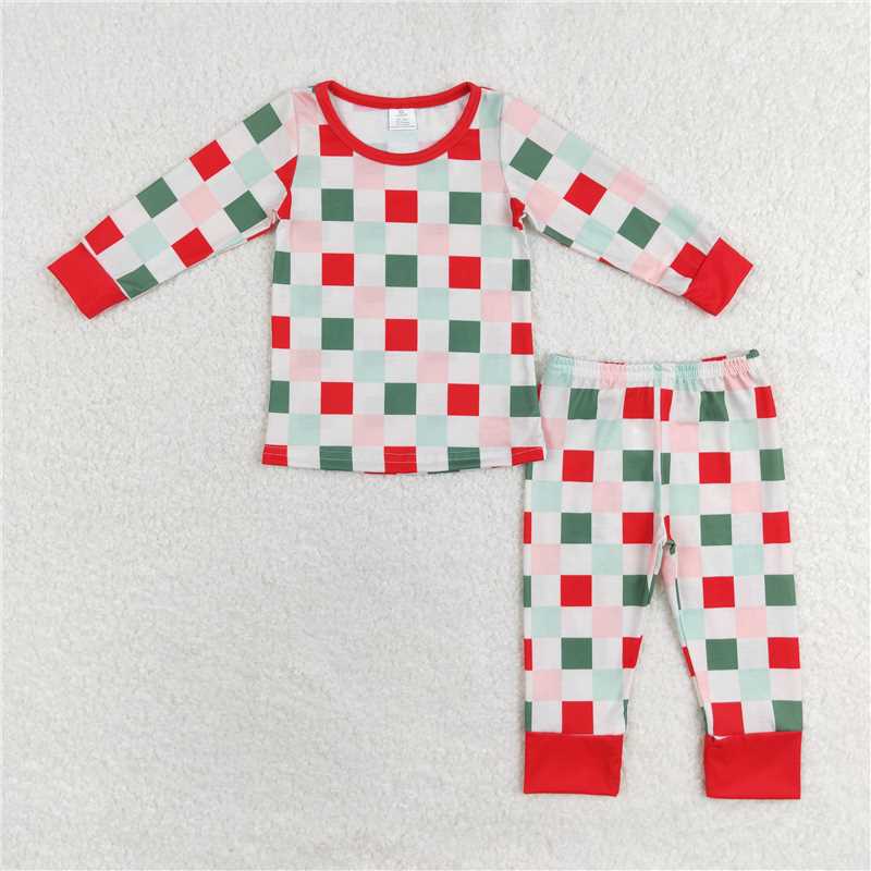 GLP1352 Kids Children Christmas Checkered Top Pants Pajamas Clothes Sets