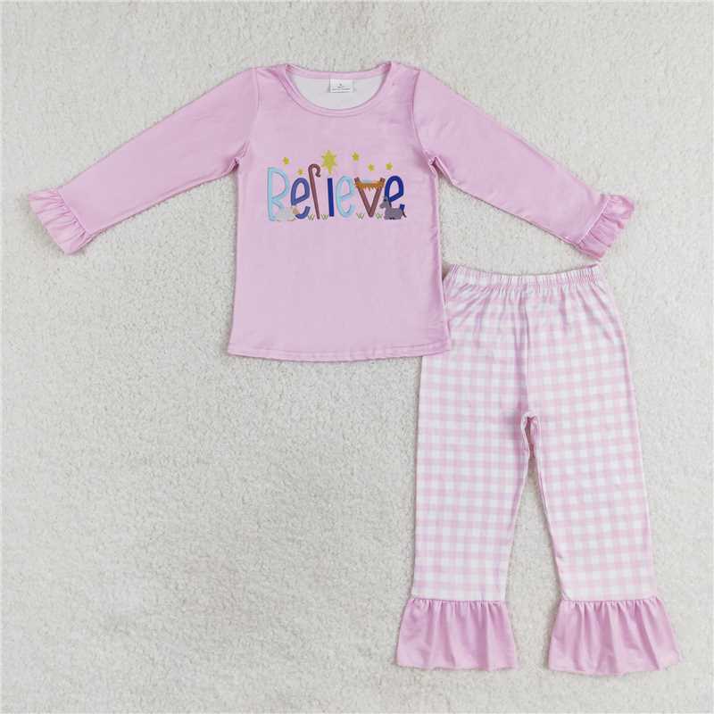 GLP1300 Baby Girls Pink Christmas Believe Top Ruffle Pants Clothes Sets