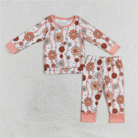 GLP1356 Baby Girls Stripes Groovy Flowers Top Pants Bamboo Pajamas Clothes Sets