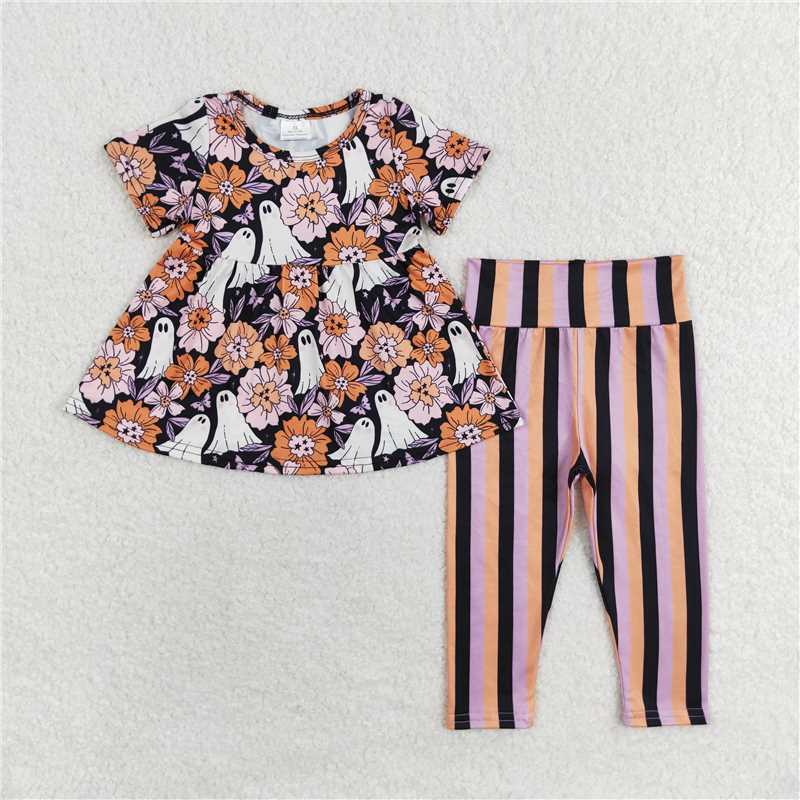 GSPO1617 Baby Girls Halloween Orange Ghost Flowers Tunic Legging Clothes Sets