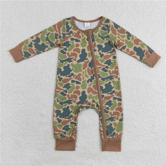 7.7 RTS NO MOQ Baby Boys Bodysuit LR1203 Fall Green Camo Zip Bamboo Rompers