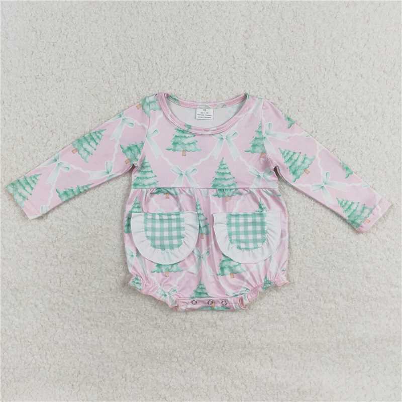 6.19 RTS NO MOQ Baby Girls Bodysuit LR1018 Christmas Tree Pink Long Sleeve Rompers