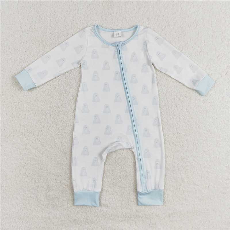 7.7 RTS NO MOQ Baby Boys Bodysuit LR1125 Halloween Blue Ghost Zip Bamboo Rompers