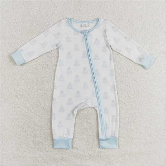 7.7 RTS NO MOQ Baby Boys Bodysuit LR1125 Halloween Blue Ghost Zip Bamboo Rompers
