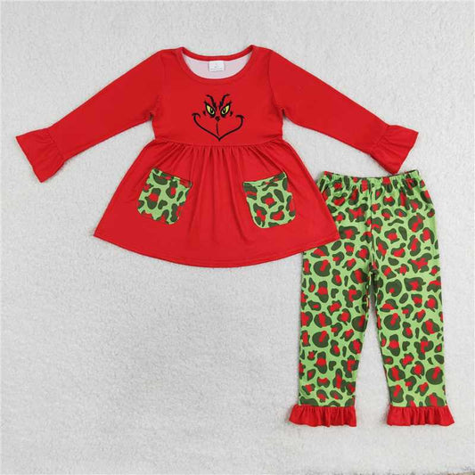 GLP1322 Baby Girls Christmas Red Face Tops Leopard Pants Clothes Sets