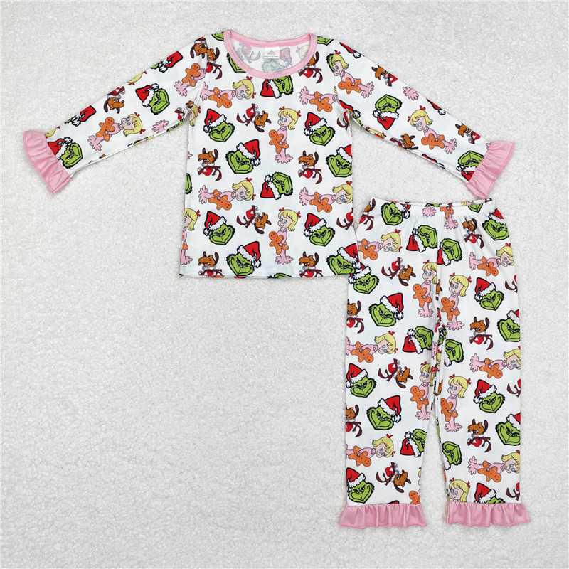 GLP1477 Baby Girls Christmas Green Face Character Bamboo Pajamas Clothes Sets