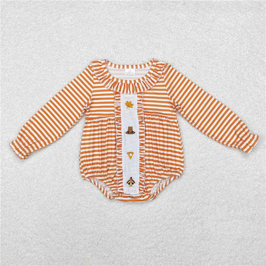 5.19 RTS NO MOQ Baby Girls Bodysuit LR1300 Orange Stripes Turkey Thanksgiving Long Sleeve Rompers